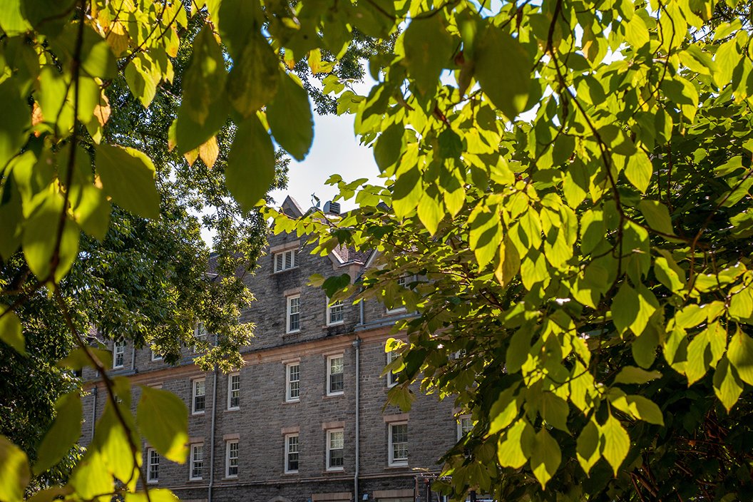 Wharton Hall in background, slightly covered with leaves