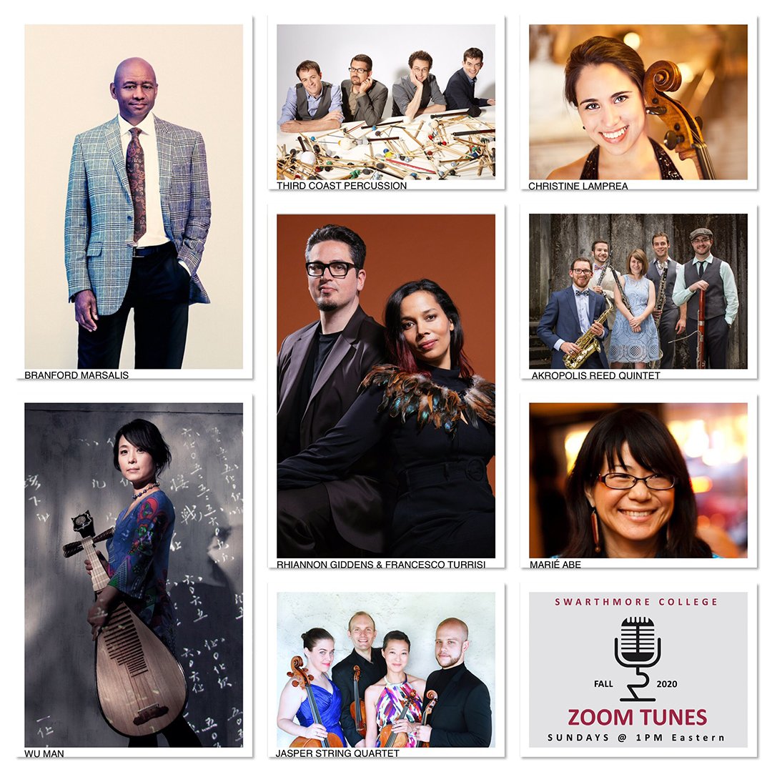 Collage of images of performers Hiannon Giddens, Branford Marsalis, Wu Man, Third Coast Percussion, Akropolis Reed Quintet, Jasper String Quartet, Christine Lamprea, and Maríé Abe.