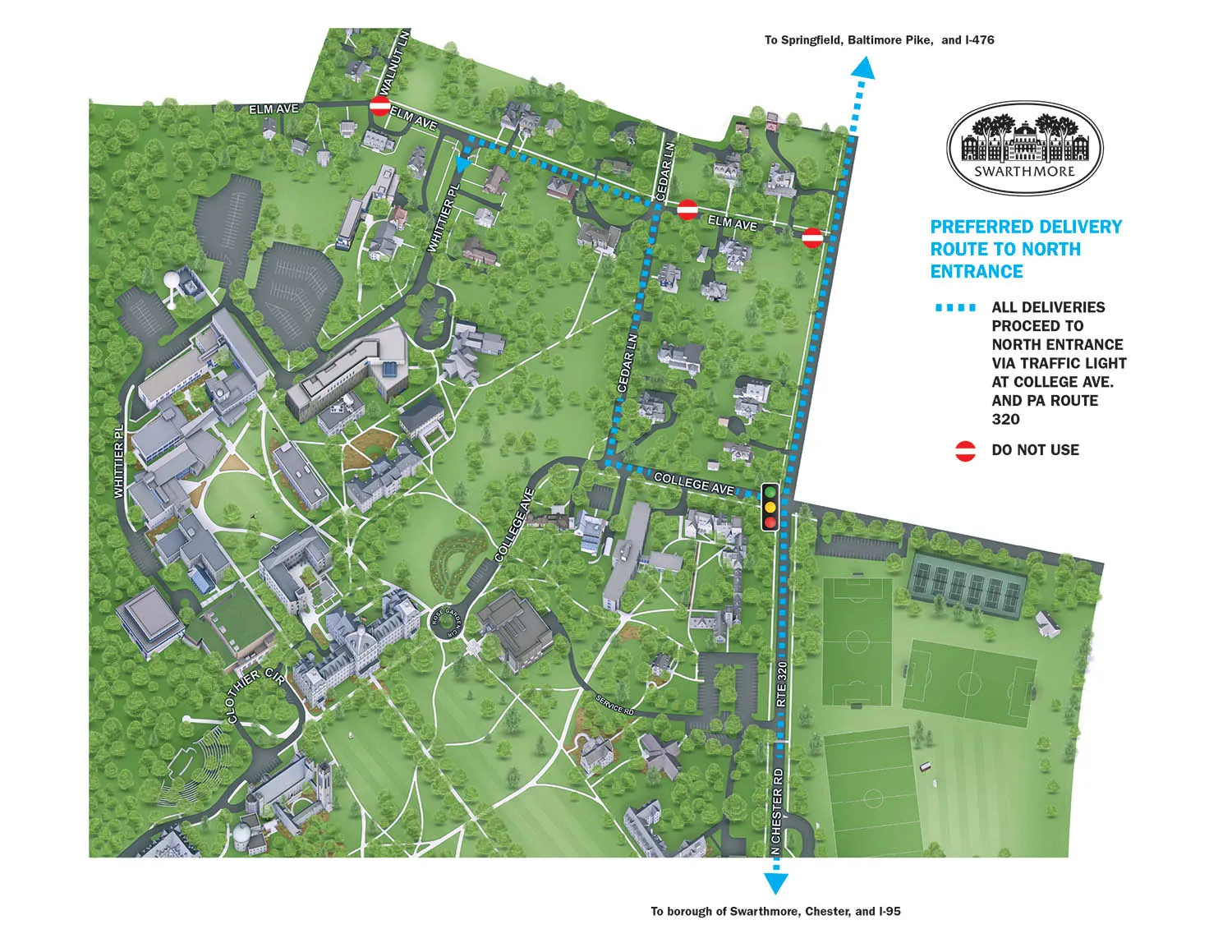 Swarthmore College campus map - Deliveries to north campus in lieu of construction.
