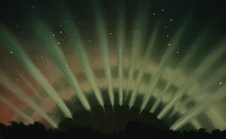 an dark image with light emanating from an orb, the artist's depiction of an aurora 