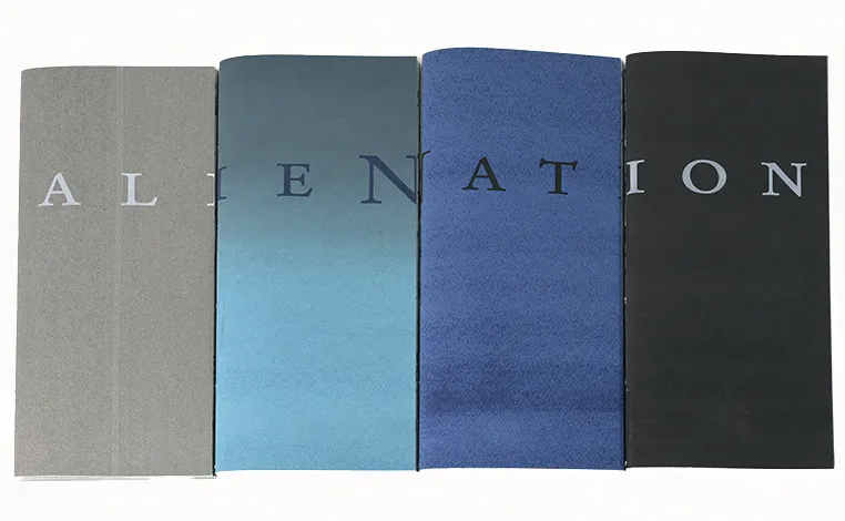 color blocks of grey, aqua, deep blue, and black with letters across all four spelling the word alienation
