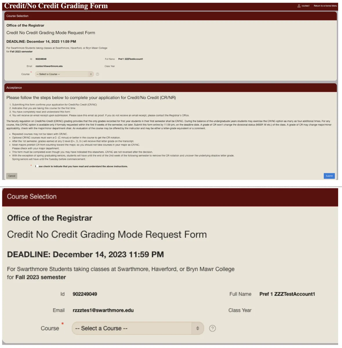 screen shot of the credit no credit form - see instructions below