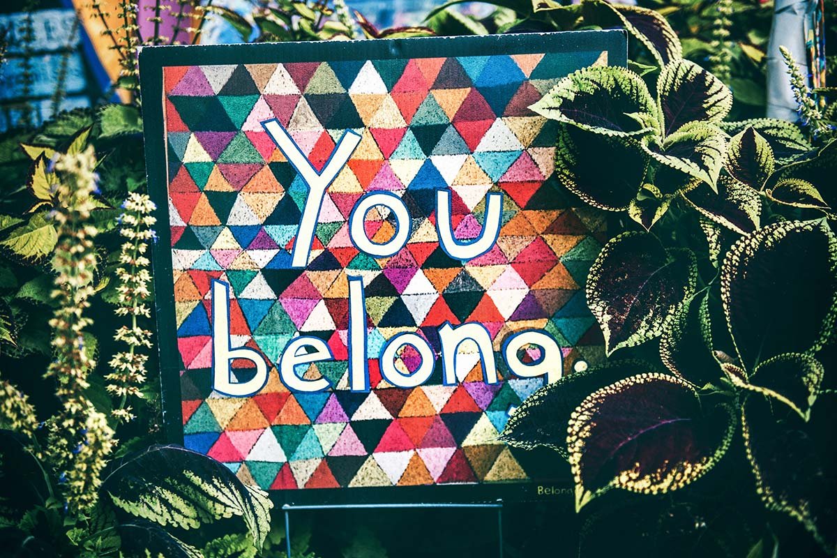 colorful quilt with the words, You belong, surrounded by plants-- from tim mossholder at unsplash