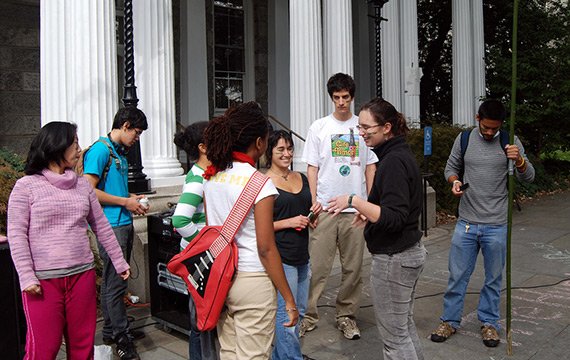 Students conversing in front of Parrish Hall