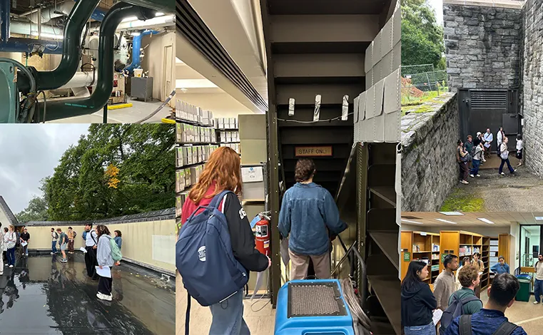 photo collage of student architecture tour includes students on the roof and in the sub basement of McCabe