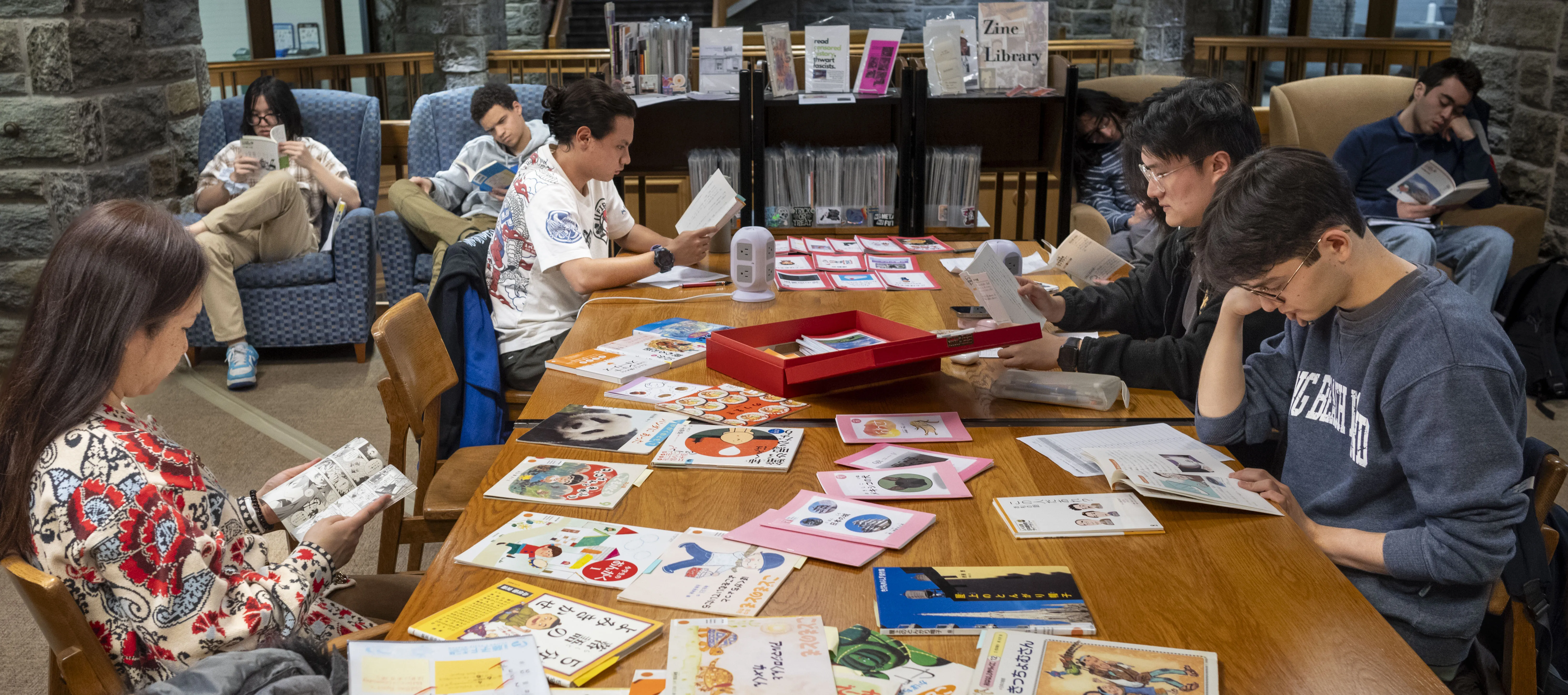 Students read Japanese books in McCabe Library