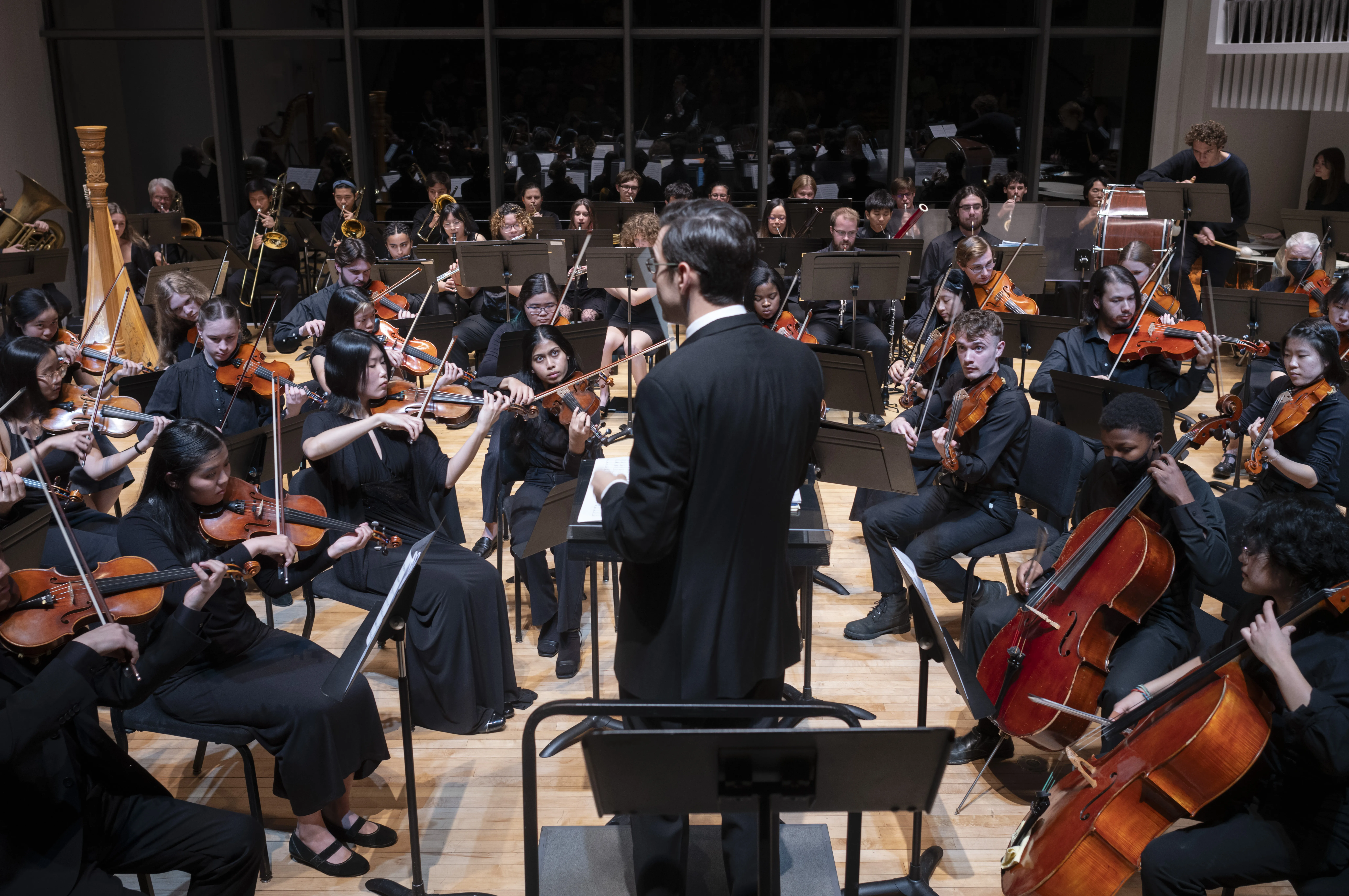 The Swarthmore College Orchestra on stage at the Lang Concert Hall