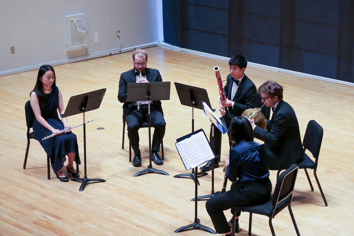 A wind quintet performs in Lang Concert Hall