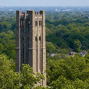 Overhead drone shot of Clothier Belltower