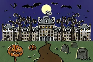 Spooky cartoon of Parrish during Halloween