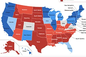 Map of america with red and blue states colored in