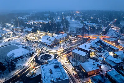 Overhead drone shot of Swarthmore in winter