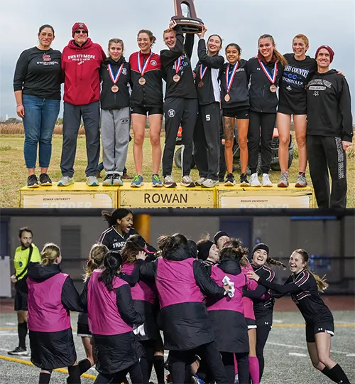 Collage of women's cross country and women's soccer teams celebrating victories